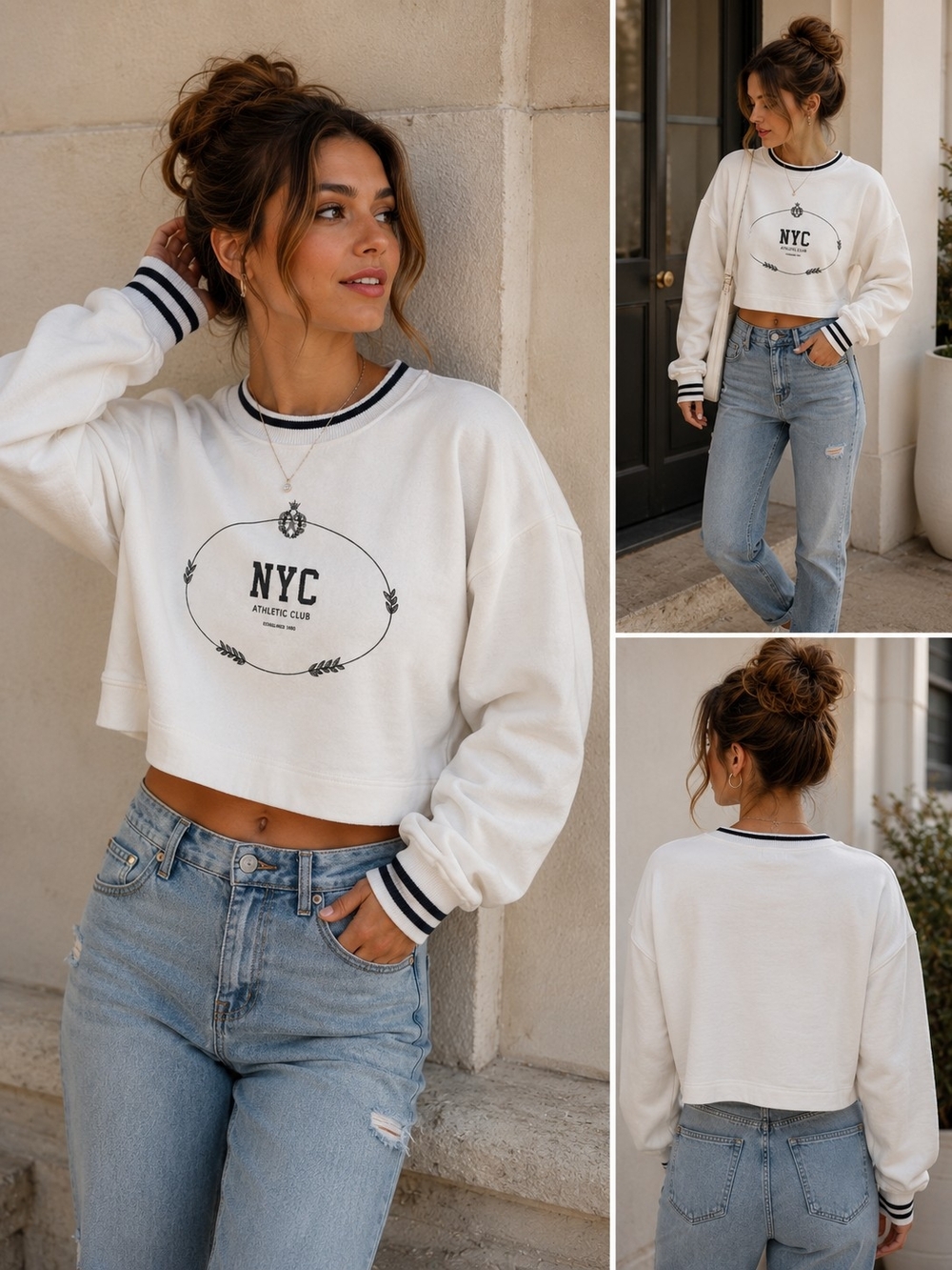 Express Cream Cropped NYC Graphic Sweatshirt with Black Trim